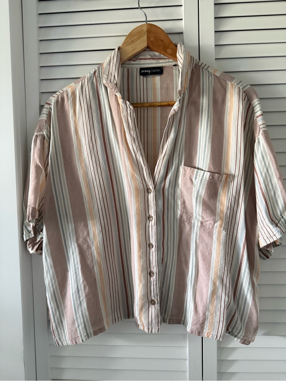 Prana Women's Striped Short-Sleeve Button-Down in Blush, Cream & Gray